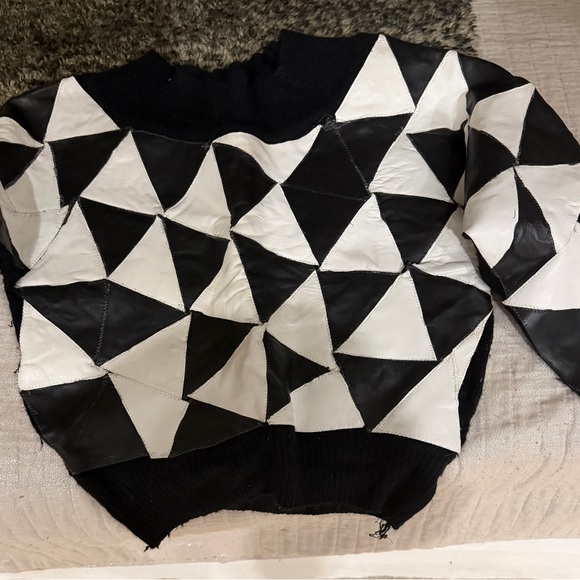 Tops - One of a kind! Black and White leather Geometric Sweater hand made by me